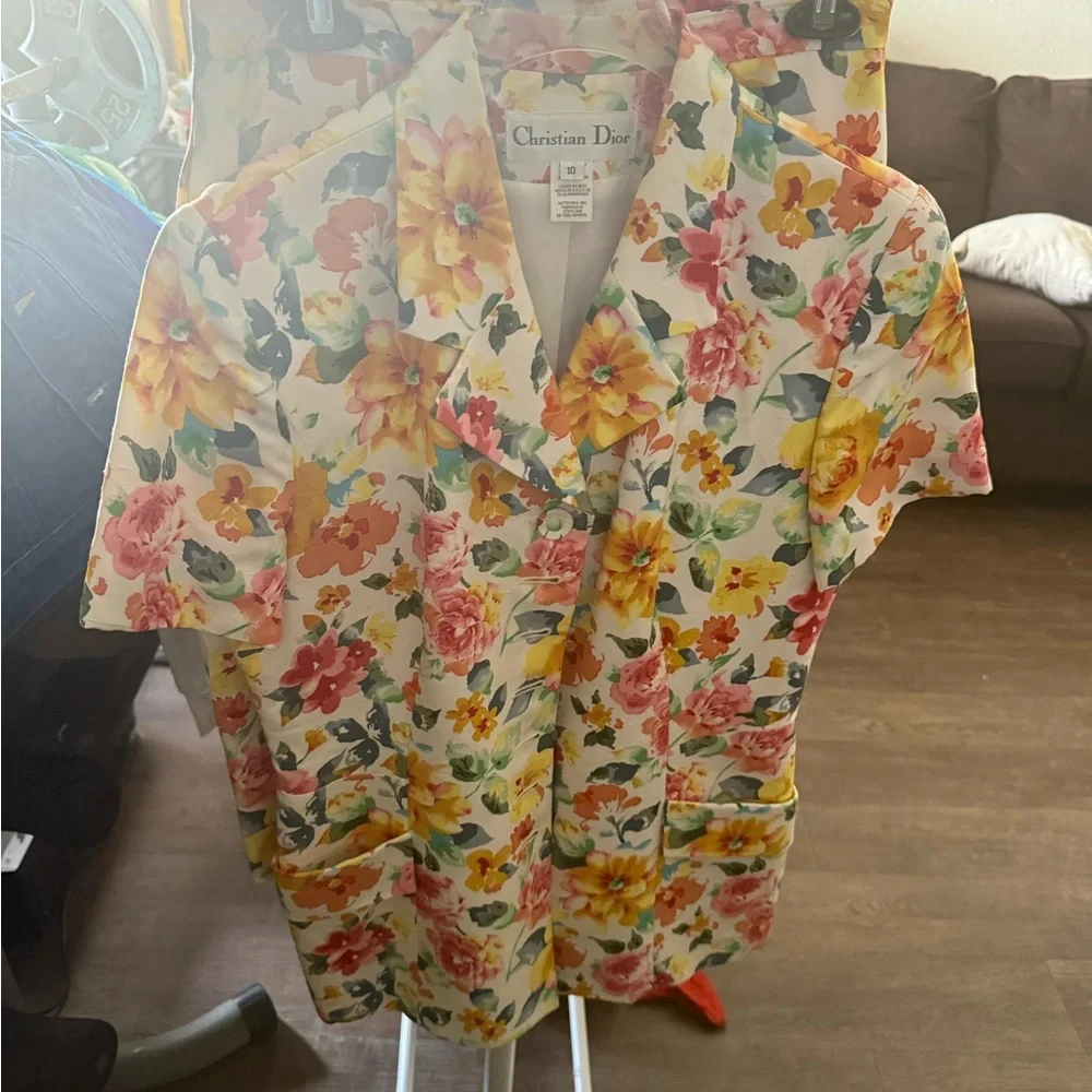 Vintage Christian Dior Floral Print Suit Skirt & Blazer Jacket Size 10 Rare